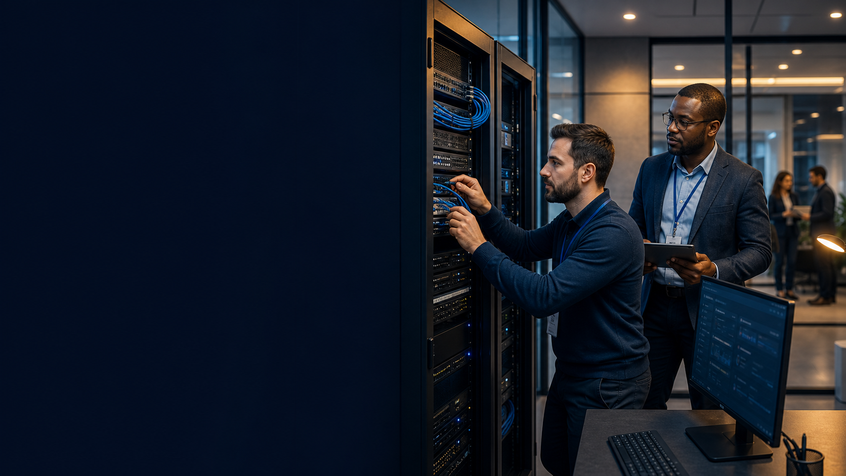 Especialistas IT configurando racks de servidores e infraestructura de red empresarial